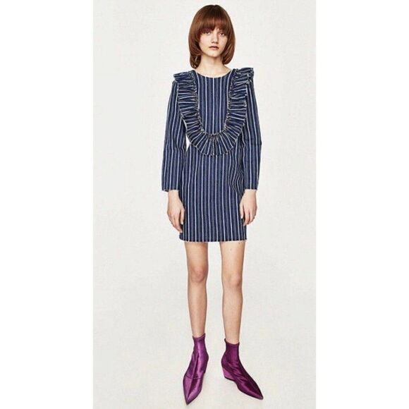 Zara New Blue White Striped Denim Jean Long Sleeve Mini Dress 5520/18/401/3 - Picture 1 of 11